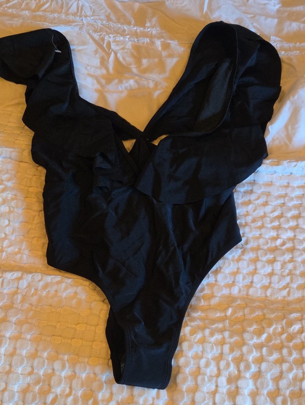 Black One-Piece Cheecky Swimsuit with Ruffle Detail Lg